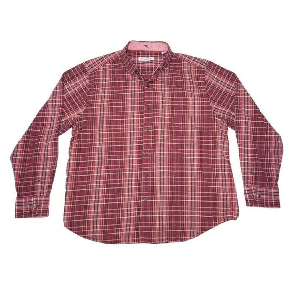 Tommy Bahama Men's Large Shirt Plaid Maroon‎ Red Long Sleeve Button Up Spandex